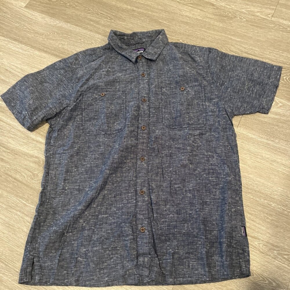 Patagonia Shirt Mens L Blue Hemp Organic Cotton Button Short Sleeve Casual